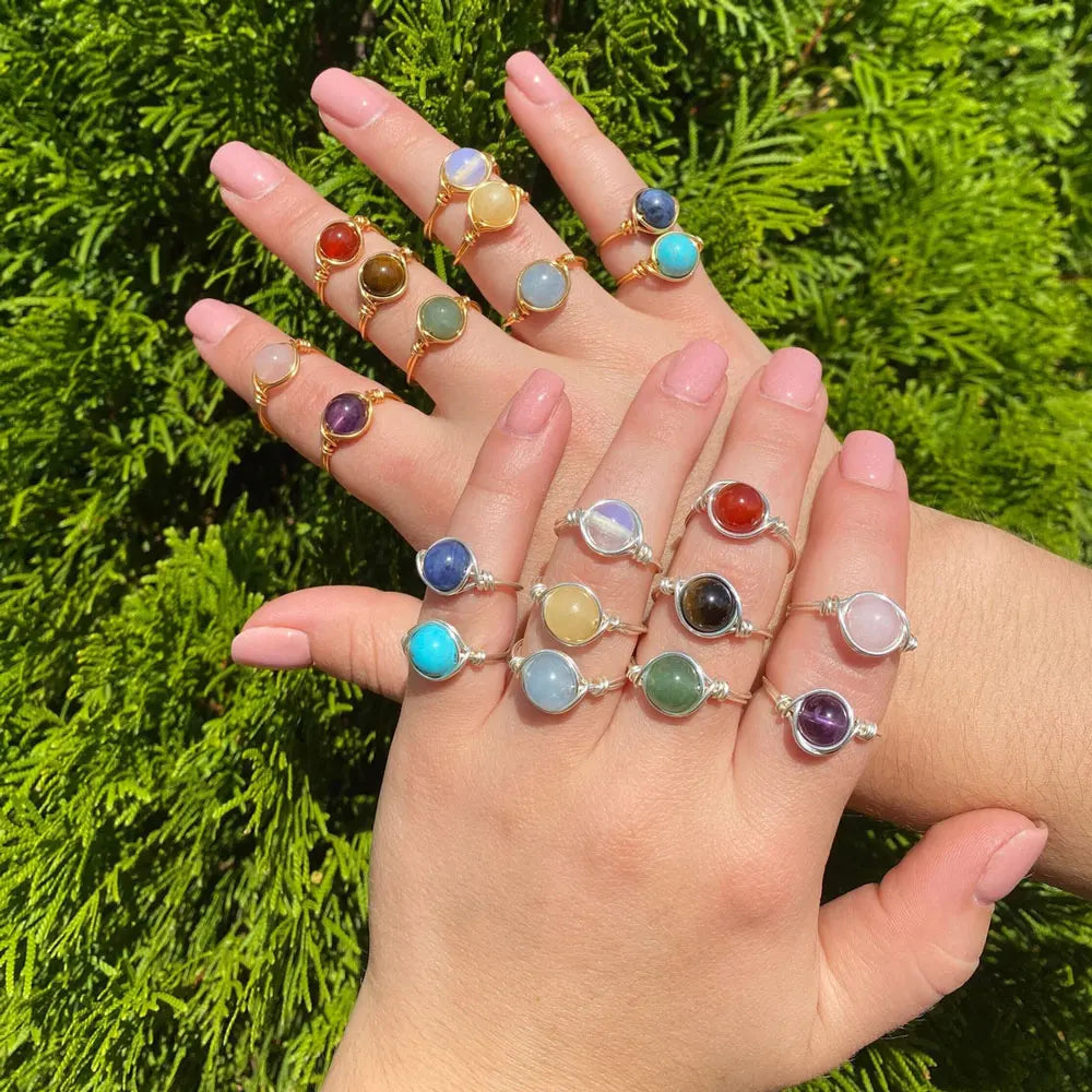 Wholesale Fashion Stone Bead Ring Personalized Design DIY Winding Silver Copper Wire Hand-woven Natural Crystal Beads Ring