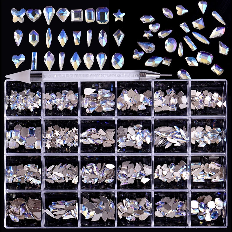 24 Grid Glitter Crystal Diamond Nail Charms Accessories 3D Nail Art Rhinestones