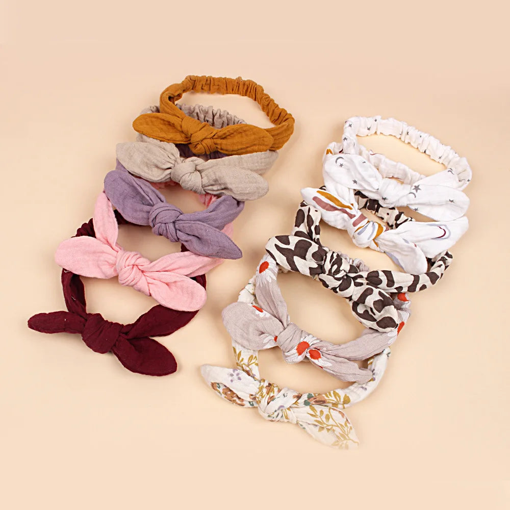 Stretchy 100% Organic Muslin Cotton Warm Rabbit Bunny Knot Hair Band Newborn Infant Bows Headbands