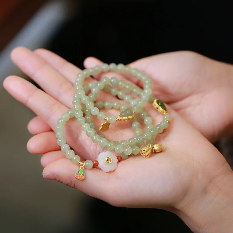 High Quality Hetian Jade Beaded Cat Gourd Lotus Flower Longevity Lock Pixiu Donut Lucky Charm Bracelet for Women Girls