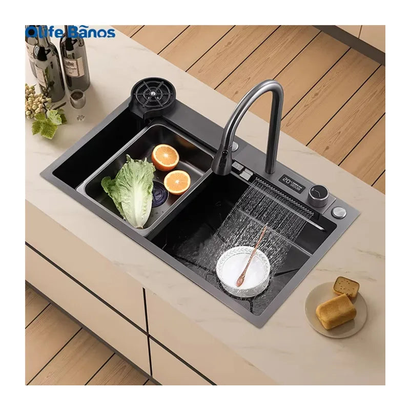 Newest Hign End Digital Display Multifunction Waterfall Faucet 304 Stainless Steel Single Bowl Kitchen Sink With Cup Washer