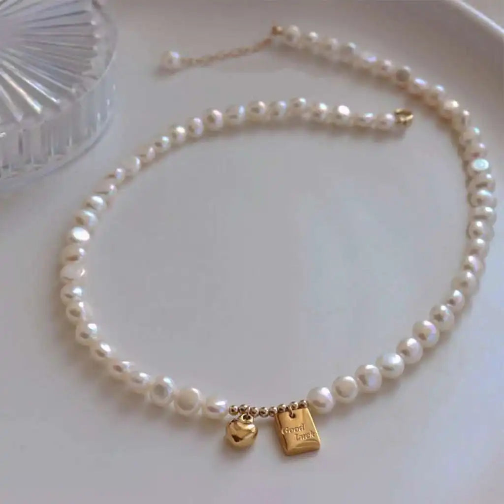 French Retro Elegant Niche Clavicle Chain 6-7mm AAAA Natural Baroque Pearl Gold Plated Brass Necklace Lucky Love for Women Girls