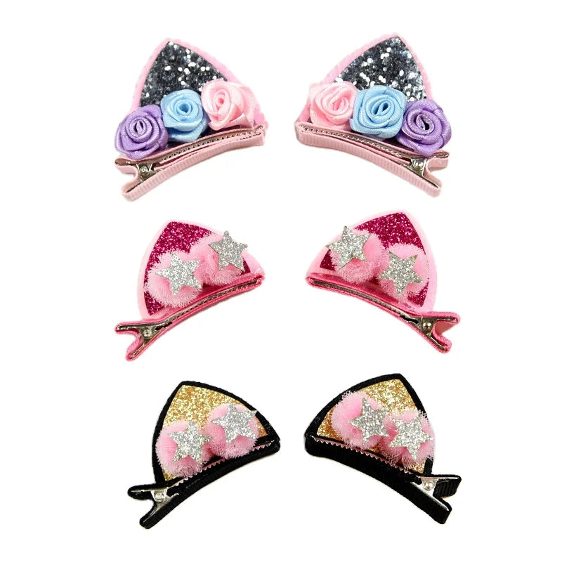Cute Hair Clips for Girls Glitter Rainbow Felt Fabric Flowers Hairpins Cat Ears Bunny Barrettes Kids Hair Accessories