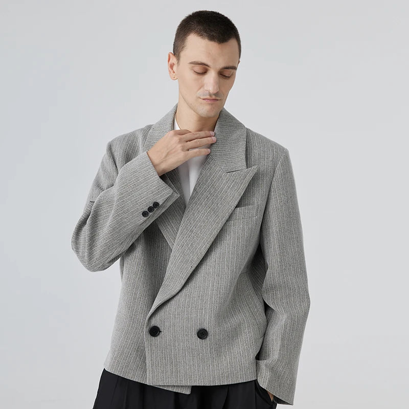 Men's Custom Suit Jacket Latest Korean Retro Design with Double-Breasted Closure Striped Formal Blazer Loose Casual Fashion