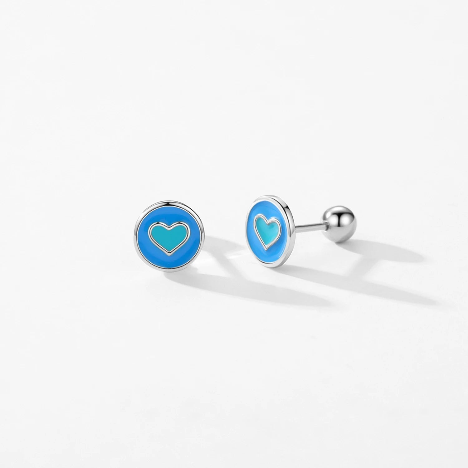 925 Sterling Silver Enamel Heart Simple Round Earrings Fine Jewelry Gradient Blue Screw Beads Stud Earrings for Women