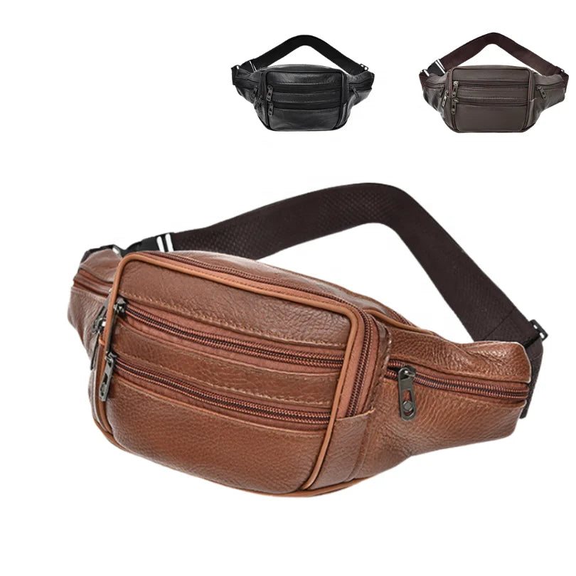 Casual Waterproof Crossbody Anti-Theft Phone Composite Cowhide Leather Fanny Packs 7 Pockets Men Outdoor Cellphone Waist Bag