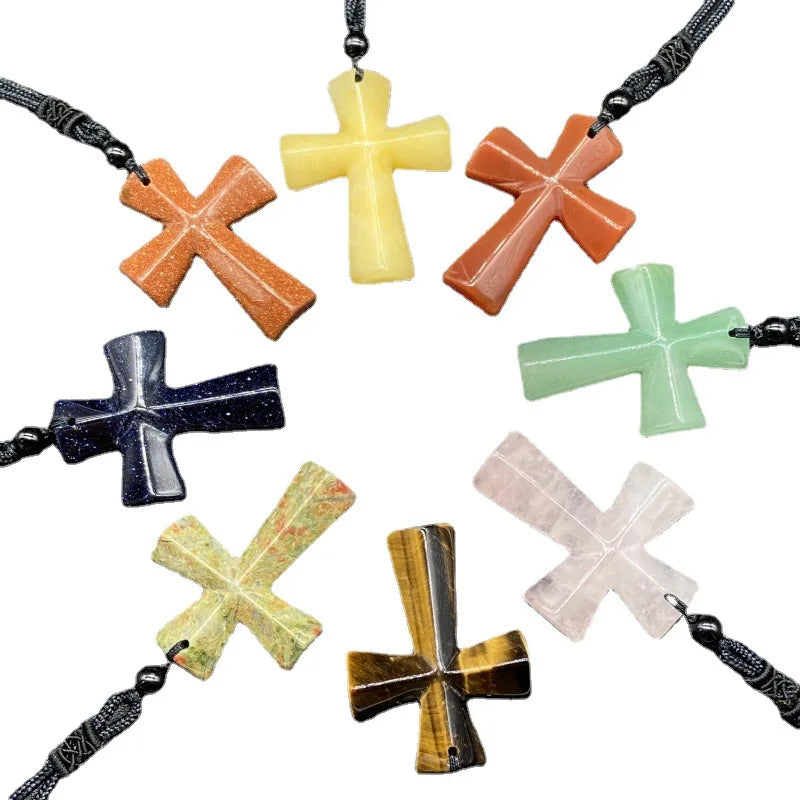 Promotional Natural Stone Cross Pendant Necklace  Women Men Adjustable Friendship Chakra Yoga Crystal Charms for Jewelry Making
