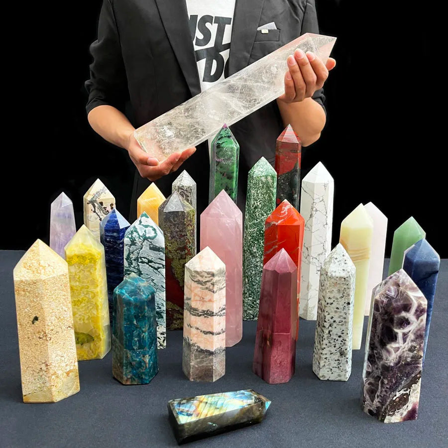20-35CM Customized Size Mixed Red Jasper Dragon Blood Yellow Calcite Spiritual Healing Wand Point Big Crystal Tower