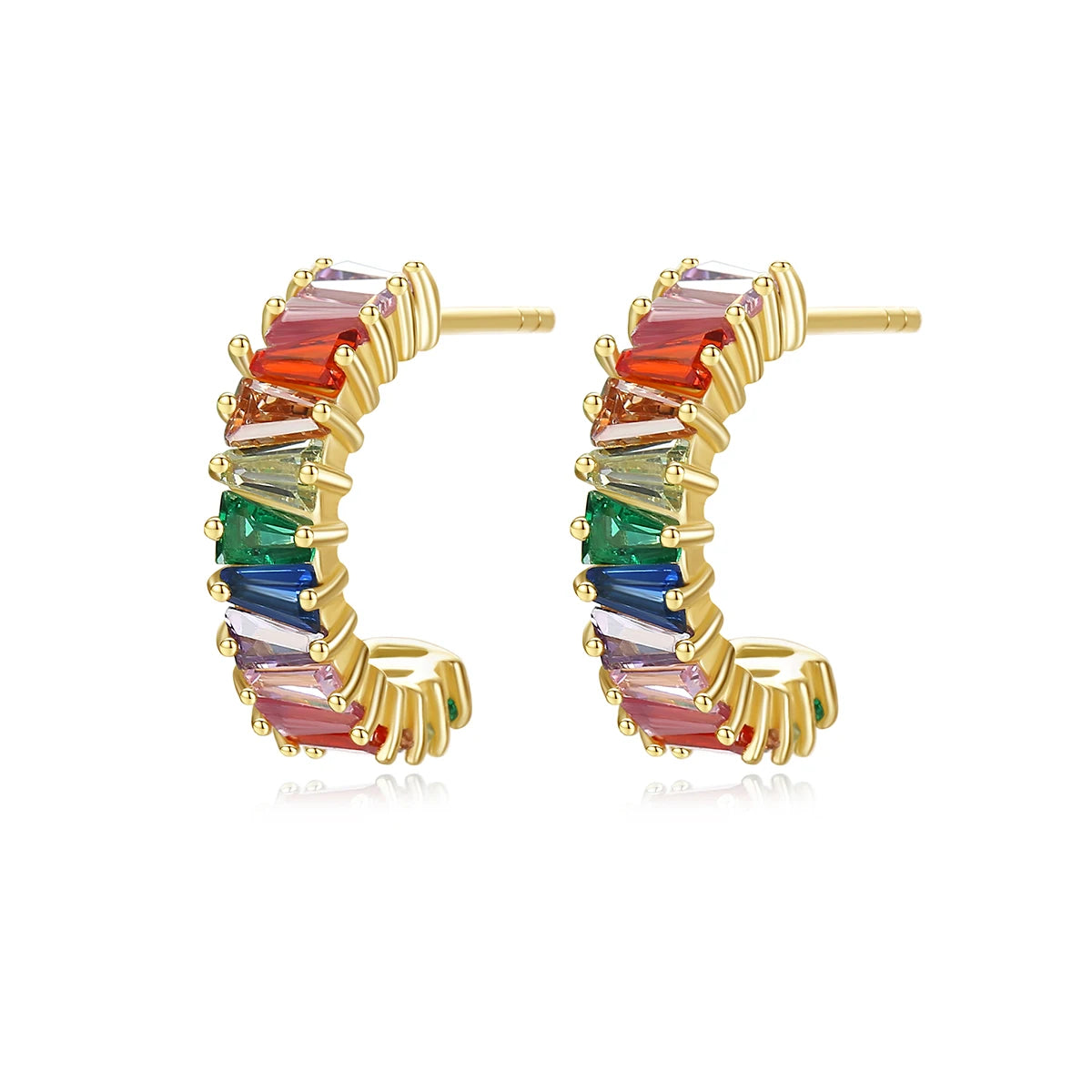 Factory Wholesale New 925 Sterling Silver Rainbow Earrings for Women Multicolor Cubic Zircon Cuff Huggie Earrings