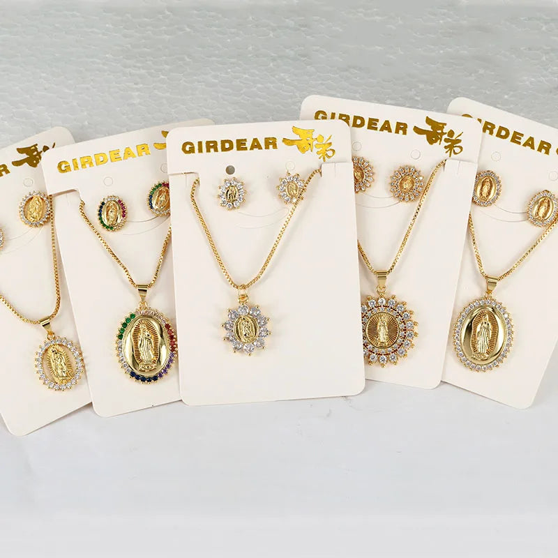 S11060 Bling Jewelry Rainbow Diamond Cubic Zirconia Blessed Mother Virgil Mary Earring Necklaces Jewelry Sets for Women MegaBDM