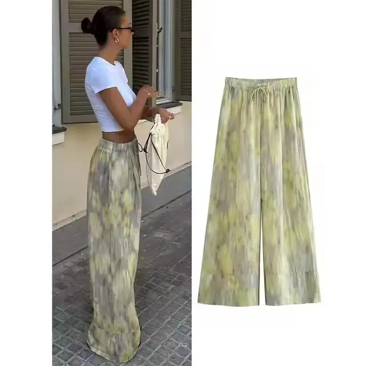 Summer Woman Tie-dye Patchwork High Waist Bow Tie Elastic Waist Wide Leg Pants Woman Fashion Vintage Printed Trousers