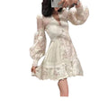 Autumn European and American Women's New Long Sleeve V-Neck Hollow Lace Dress