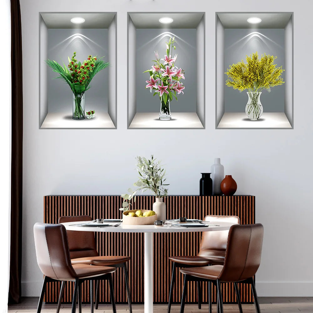 Wholesale Hot Sale 3PCS/Set 3D PVC Self-adhesive Flower and Green Plant Wall Sticker Decorative Wall Flower Decor Window Sticker
