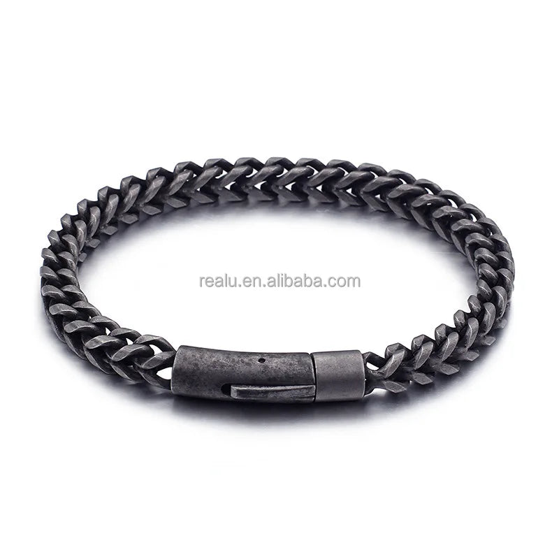Customizable Retro Black 8mm Franco Chain Bracelet Real Stainless Steel with Gold Plating Stylish Fashion Jewelry for Men Acero Inoxidable 316L Joyeria