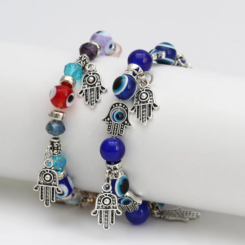 Trendy Lucky Cuff Bangles Bracelet Handmade Elastic Turkish Glass Bead Devil Eye Fatima Palm Charm Bracelet