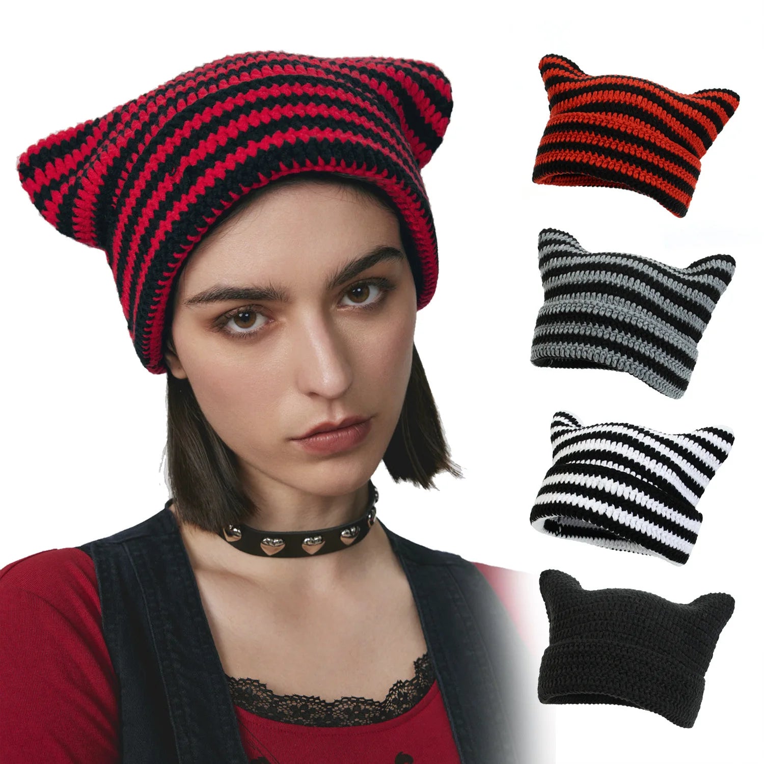 Custom Logo Wholesale Winter Warm Devil Cat Ears Striped Crochet Handmade Knitted Horn Beanie Hat