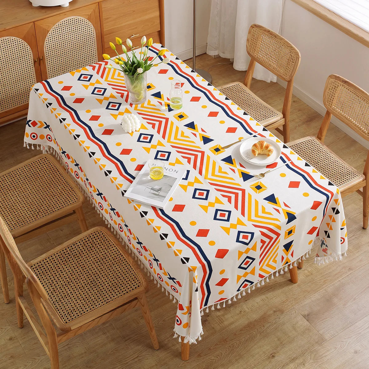 XinLan Bohemian Striped Geometric Waterproof Tassel Table Cloth Living Room Dining Room Kitchen Table Cloth