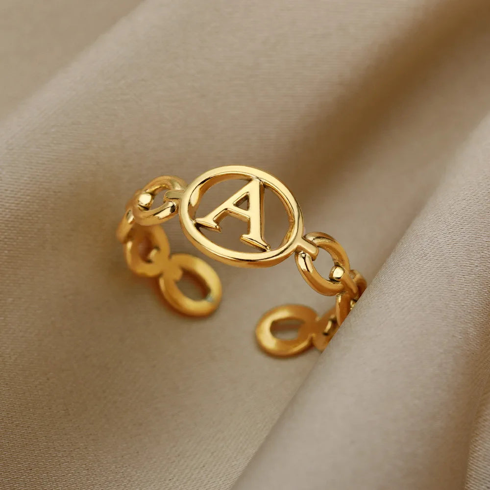 G1775 Hip Hop A-Z Initials Letter Ring Stainless Steel Jewelry Personalized Gold Plated Hollow Chain Initial Alphabet Ring