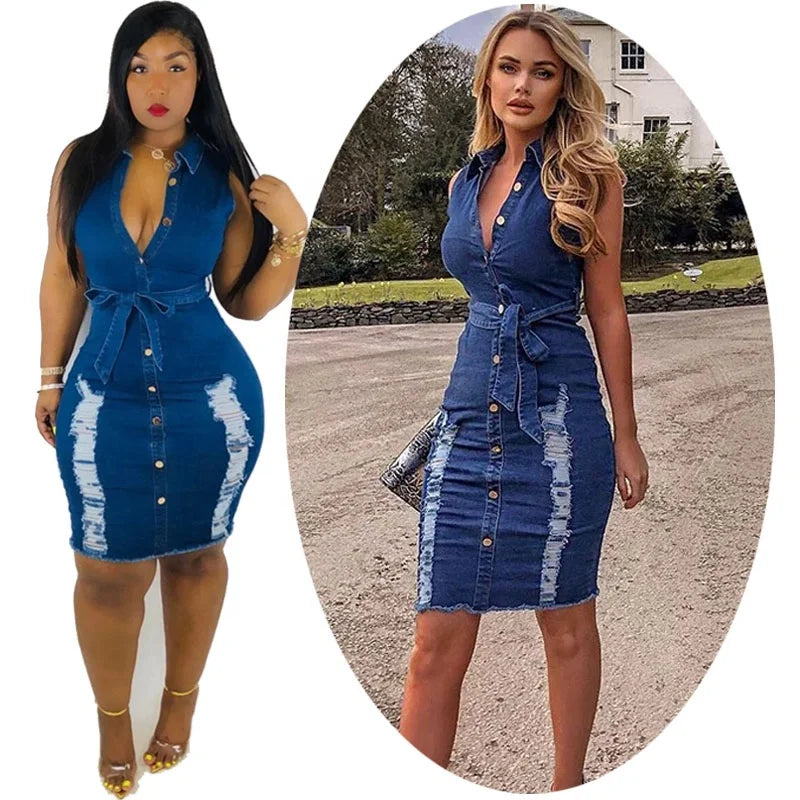 Womens Bodycon Career Dresses Western Distressed Denim Belted Shirt Button up Blouse Top Ladies Clothes Jean Dress