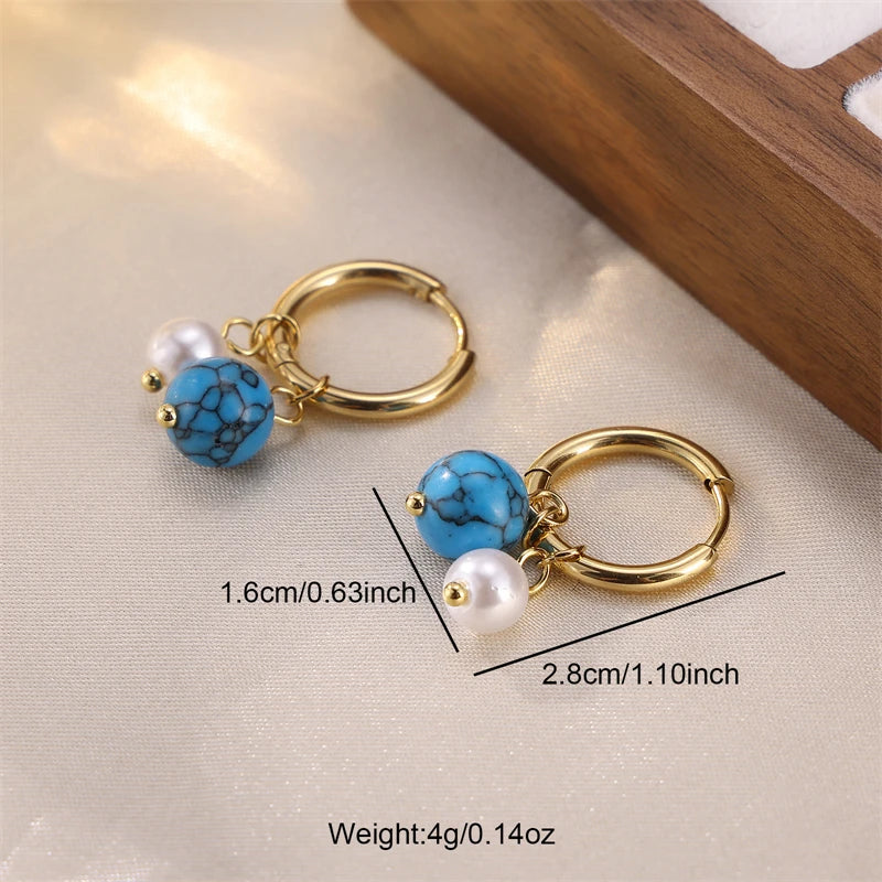 Vintage No Fading 18K Gold Plated Stainless Steel Turquoise Natural Bead Pendant Hoop Pearl Earrings