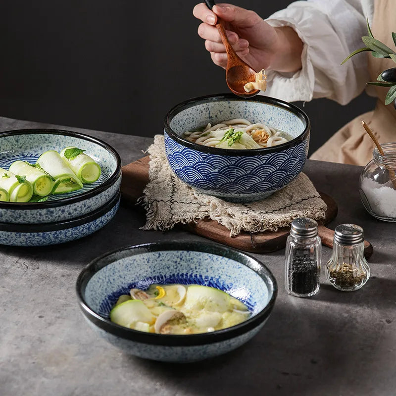 Japanese Style Ceramic Dishes & Plates Restaurant Kitchen Salad Soup Rice Bowl Ramen Bowl Set Porcelain Dinnerware Sets