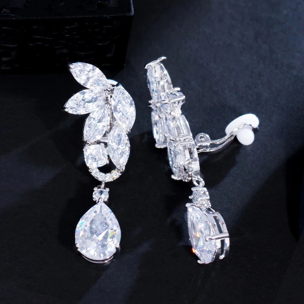 High Quality CZ Crystal Big Long Water Drop Clip on No Pierced Earrings for Women Wedding Party Jewelry Without Hole Piercing