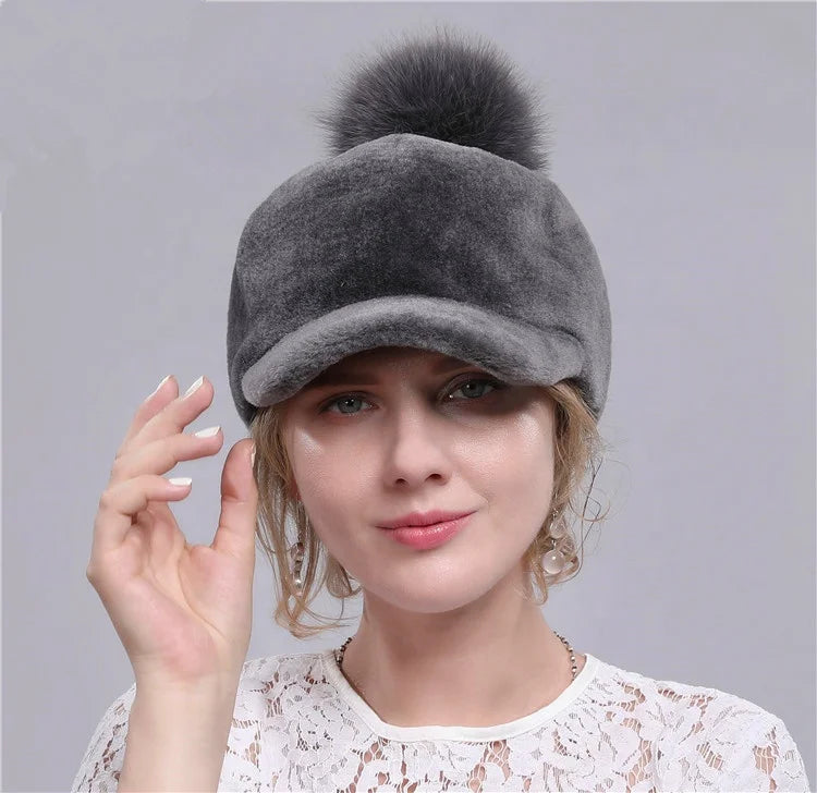 Women's Winter Wool Hat Real Shearling Fur Pompom Ball New Style Fashion Convenient Eco-Friendly Durable