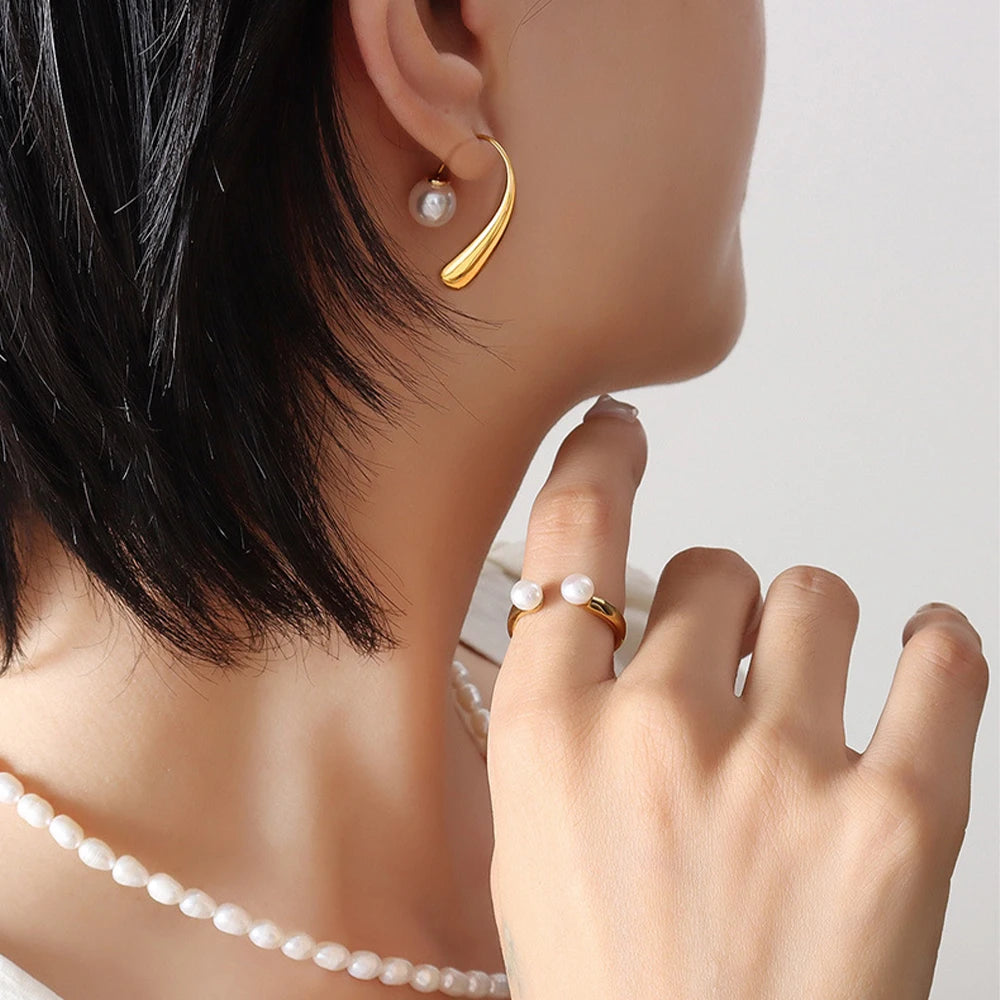 Trendy Minimalist Vintage Geometric 18K Gold Plated Hoop Earrings Irregular Shaped Stainless Steel Pearl for Party Occasions