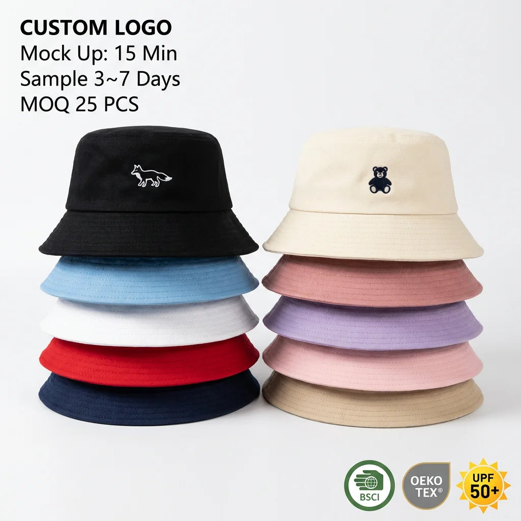 Wholesale Custom Embroidery Logo Plain Cotton Adult Summer UPF 50+ UV Sun Protection Fisherman Caps Print Embroidered Bucket Hat