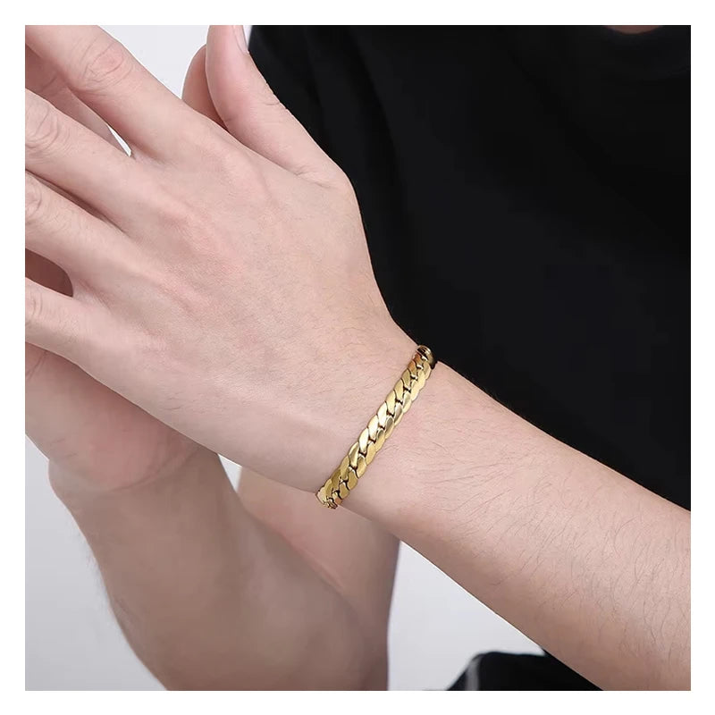 Wholesales Hiphop 7mm Flat NK Link Chain Stainless Steel Gold Plated Herringbone Bracelet Non Tarnish Jewelry for Men