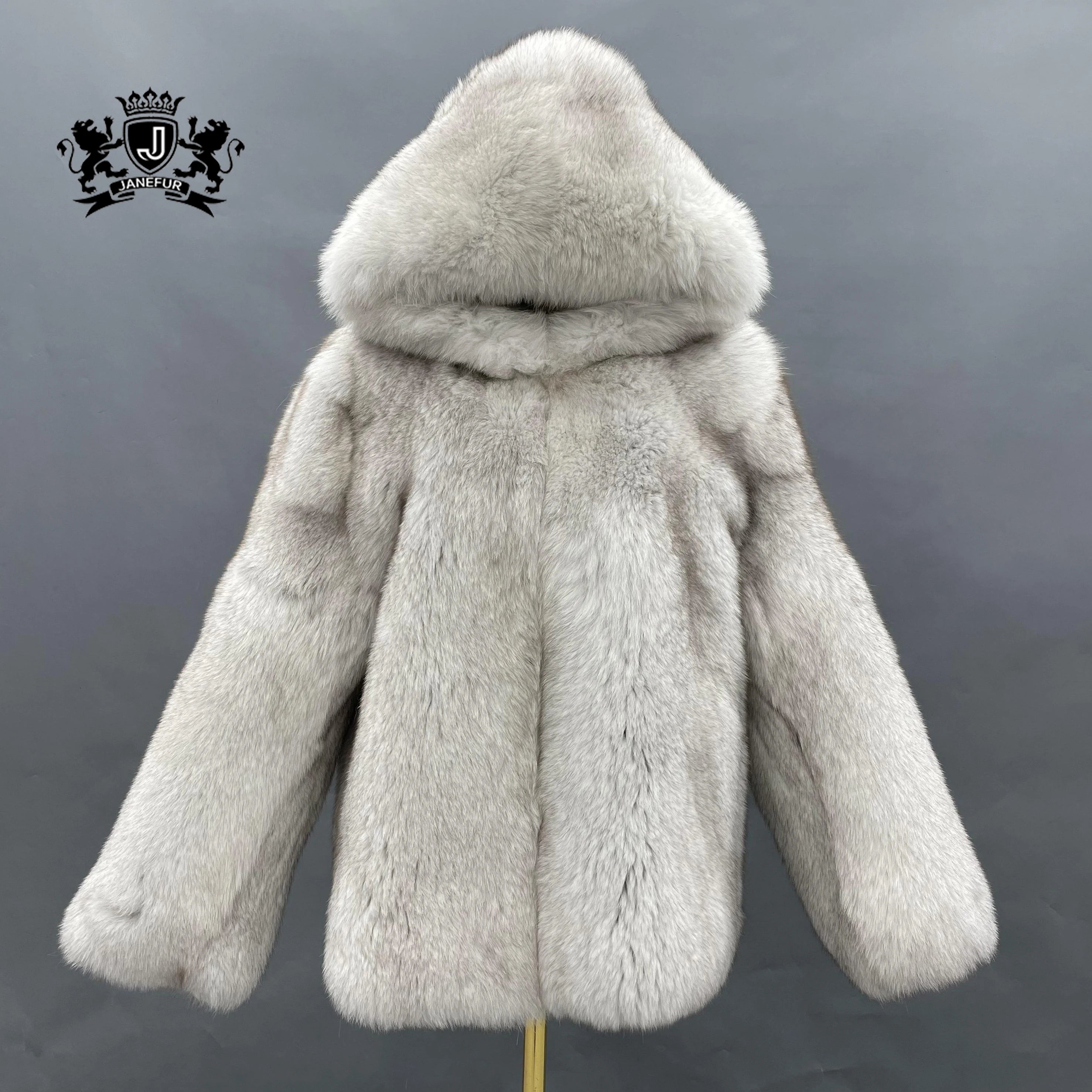 Wholesale Women Fluffy Luxury Fox Fur Coat Ladies Hooded Full Pelt Loose Size Warm Genuine Fox Fur Coat