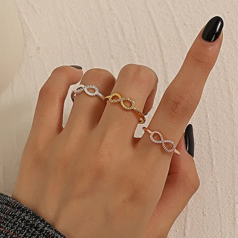 Women Gold Silver Plated Copper Infinity Symbol Ring White CZ Infinity Promise Forever Love Knot Stacking Adjustable Cuff Rings