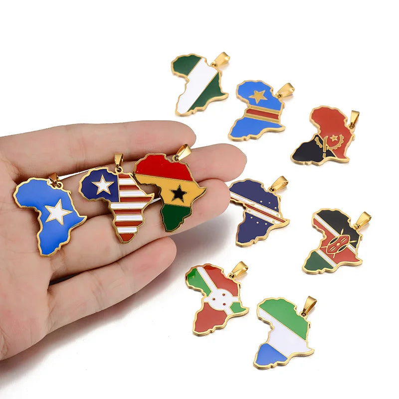 Africa Map Shaped Pendant Stainless Steel Necklace with National Flag Handmade Patriotic Necklace for Party Gift School Award