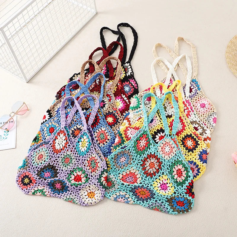 Floral Granny Square Crochet Tote Bag Summer Fashionable Raffia Hand Knitted Shoulder Bags for Winter Spring and Autumn