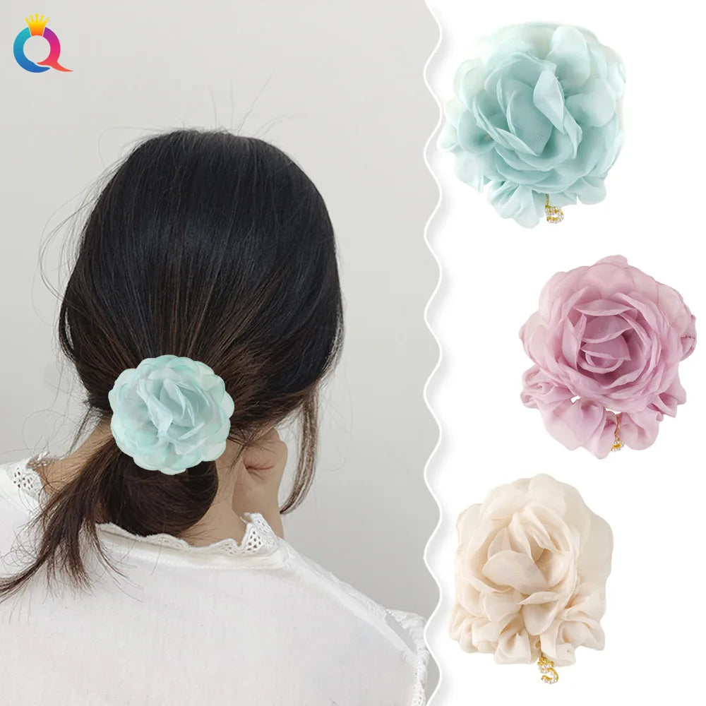 Soft Chiffon Hair Tie Scrunchies with Peony Flower   Scrunchy Chouchou  Charming Woman Hair Accessory