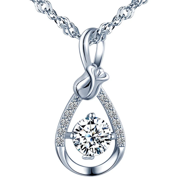S925 Sterling Silver Pendant Water Drop Shaped Wireless Symbol Rose Zirconia Pendant Necklace