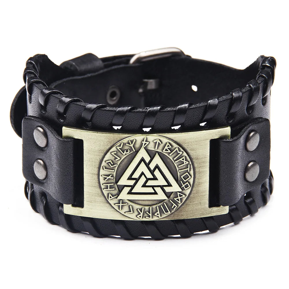 Fashion Personality Retro Viking Totem Leather Bracelet Triangle Letter Punk Style Cowhide Bracelet for Man Gift