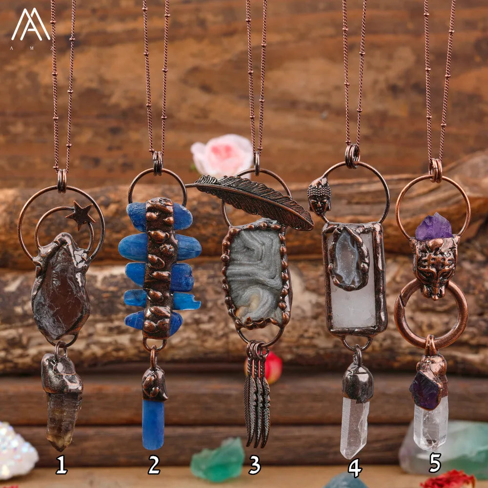 Vintage Bohemian Chakra Pendant Necklace Kyanite Smoky Quartz Druzy Geode Healing Crystals for Party or Wedding for Men