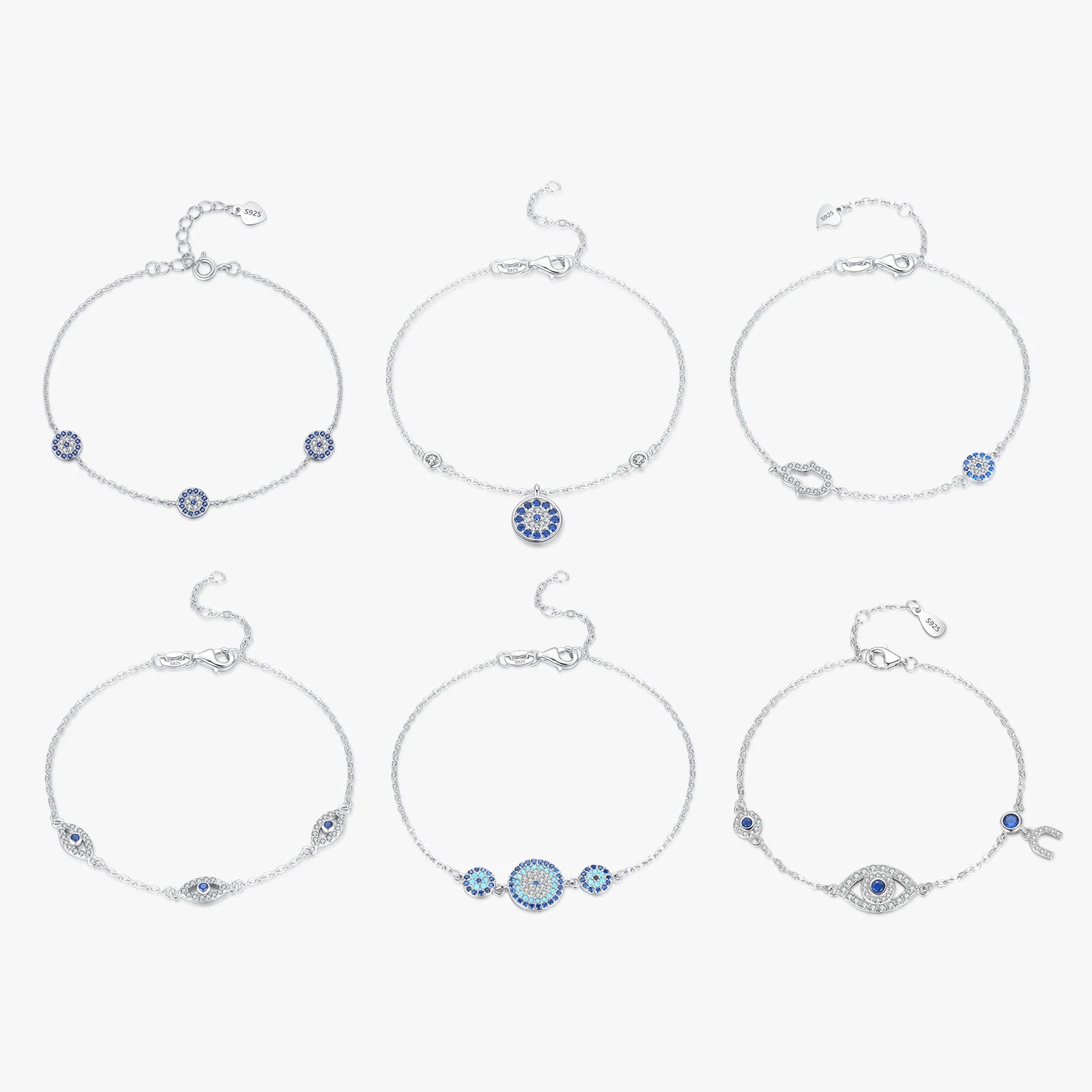Pure 925 Sterling Silver Luxury Fine Jewelry Turquoise Blue Evil Eyes Clear Cubic Zircon Crystal Link Chain Bracelet for Women