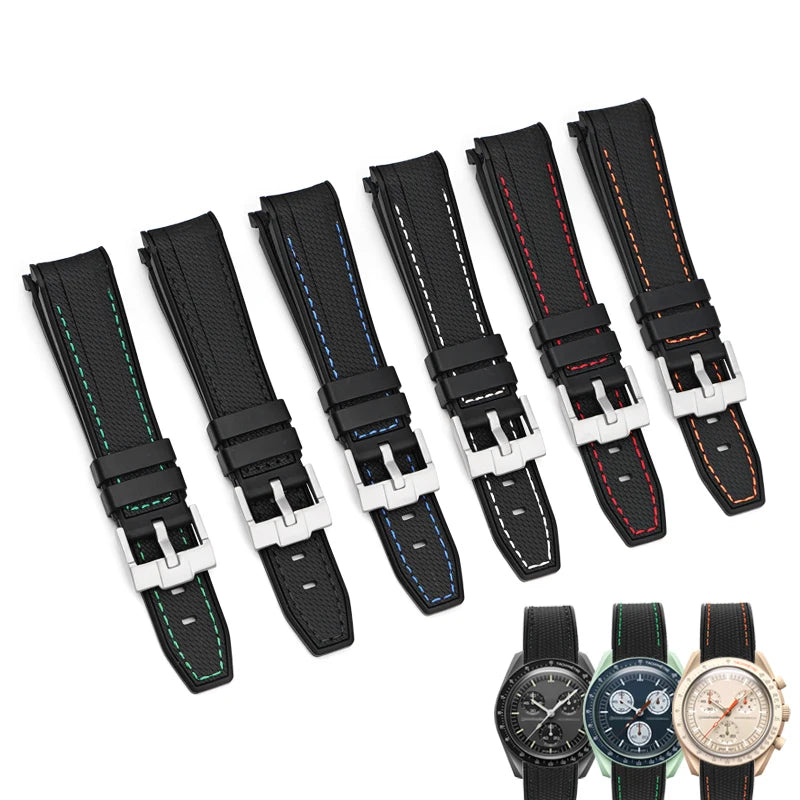 Customized 20mm Curved End Sport Watch Bands for Rolex Green Water Ghost with Stitch Silicone Rubber Watch Strap for MoonSwatch