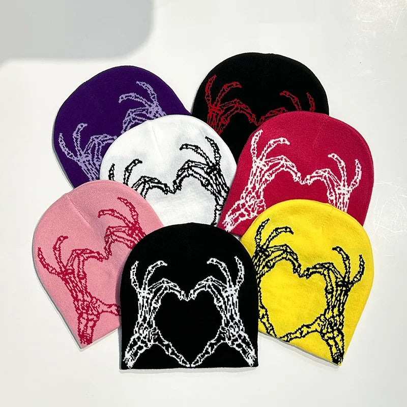 Y2k Claw Pattern Beanie Double-Layer Knitted Hat Streetwear Headwear Winter Knit Beanies Hats for Men Women