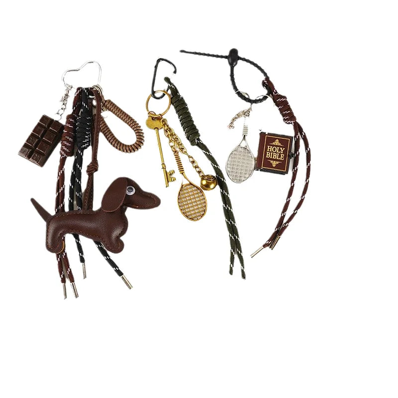 Cartoon Dachshund Leather Doll Pendant Keychain Plastic Bag Decoration with Braided Rope Silk Screen Printing Dog Pattern