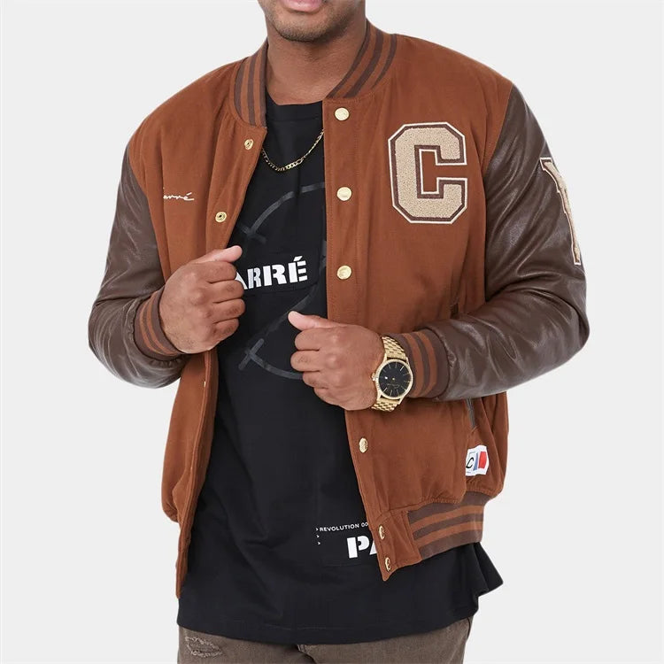 OEM Custom Embroidered logo Leather Sleeves Letterman Bomber Varsity Jacket With Front Slash Pockets