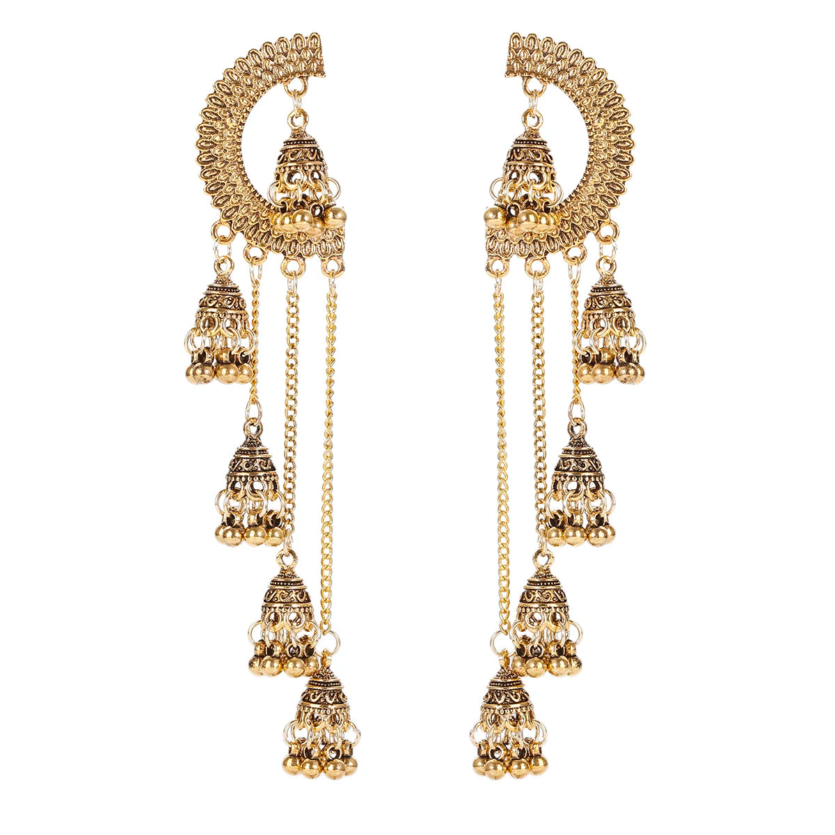 Douvei Vintage Bohemian Indian Gold Bell Long Tassel Hollow Carved Stud Earrings for Women Party