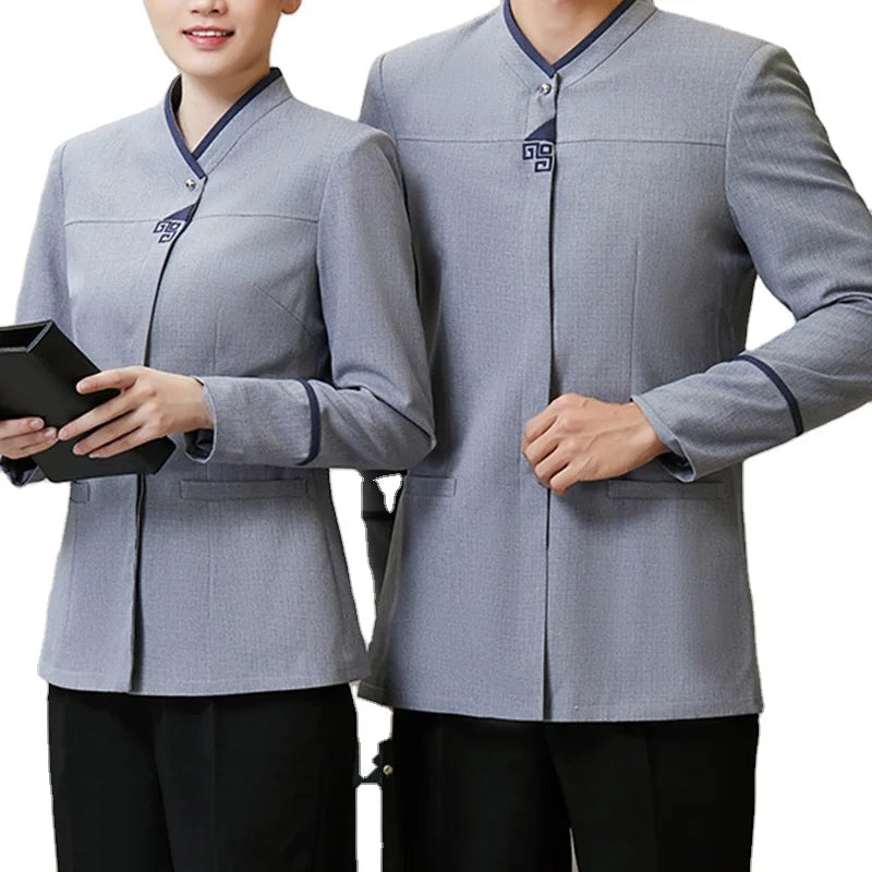 Women and Men Wholesale Hotel Work Clothes Housekeeping Restaurant Jacket Uniforms Long Sleeve Uniform Top with Customized Logo