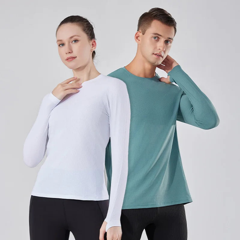 Base Running Quick Drying Ice Silk T-Shirt for Men Women Spring New Long Sleeved Fitness Top Reversible Windproof Seamless