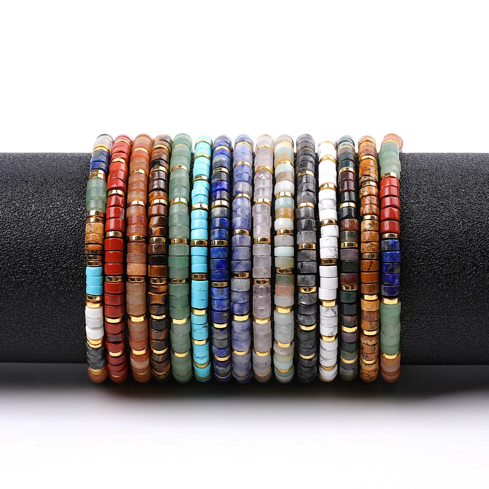 2x4 Natural Stone Spacer Beads Picasso Jasper Tiger Eye Labradorite Rhodochrosite Dainty Braid Bracelet for Women Men Jewelry