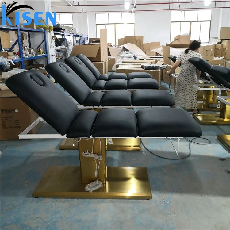 Foshan Kisen Modern Luxury Beauty Salon Furniture Golden Base Facial Automatic Massage Bed Electrical 3 Motor Spa Treatment Bed