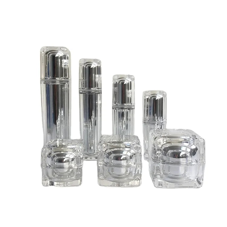 Silver Lotion Pump Bottle 15ml 30ml 50ml 100ML Acrylic Square Cream Jar 15g 30g 50g Cosmetic Emulsion Skincare Luxury Packaging