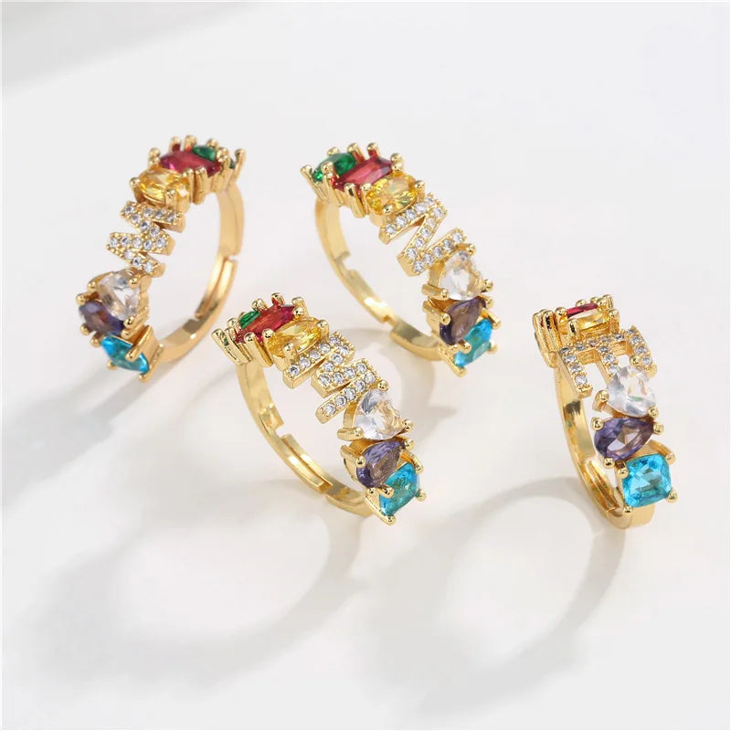 Luxury Fashion Rings Jewelry Gold Adjustable Multicolored Zircon Copper Initial A-Z Letters Open Ring for Women Lover
